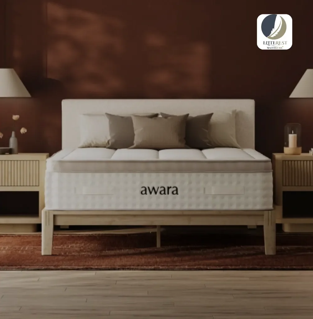 Best Memory foam mattresses include Awara Natural Luxury Hybrid Mattress on wooden bed frame in cozy bedroom setting