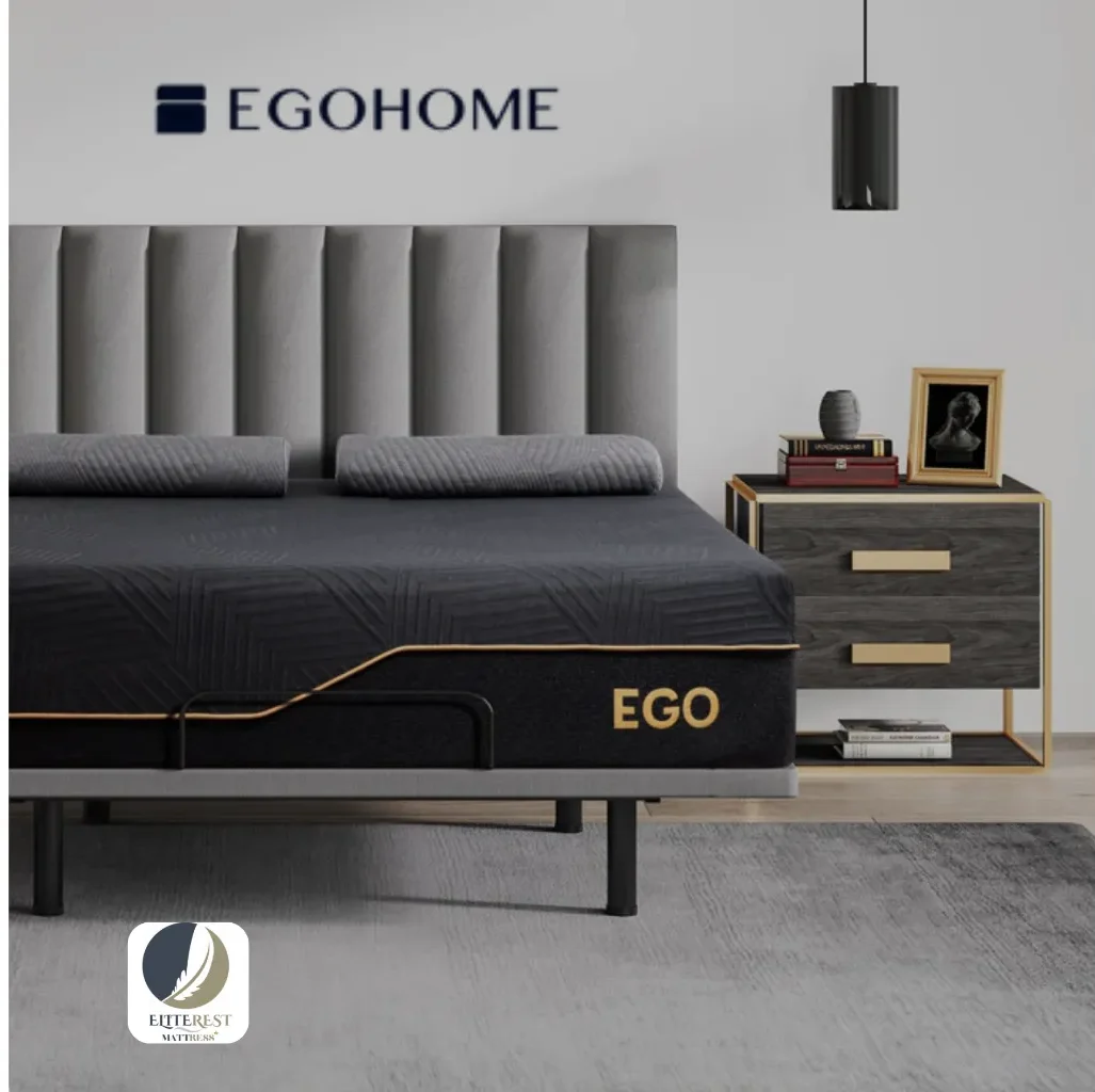Modern luxury bedroom with EGOHOME black and grey mattress, upholstered headboard, and sleek nightstand.