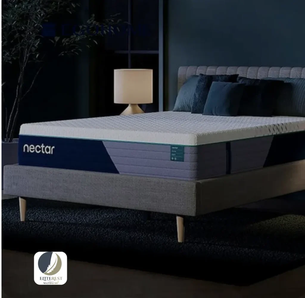 Nectar Premier Memory Foam Mattress set on a modern bed in a dimly-lit bedroom